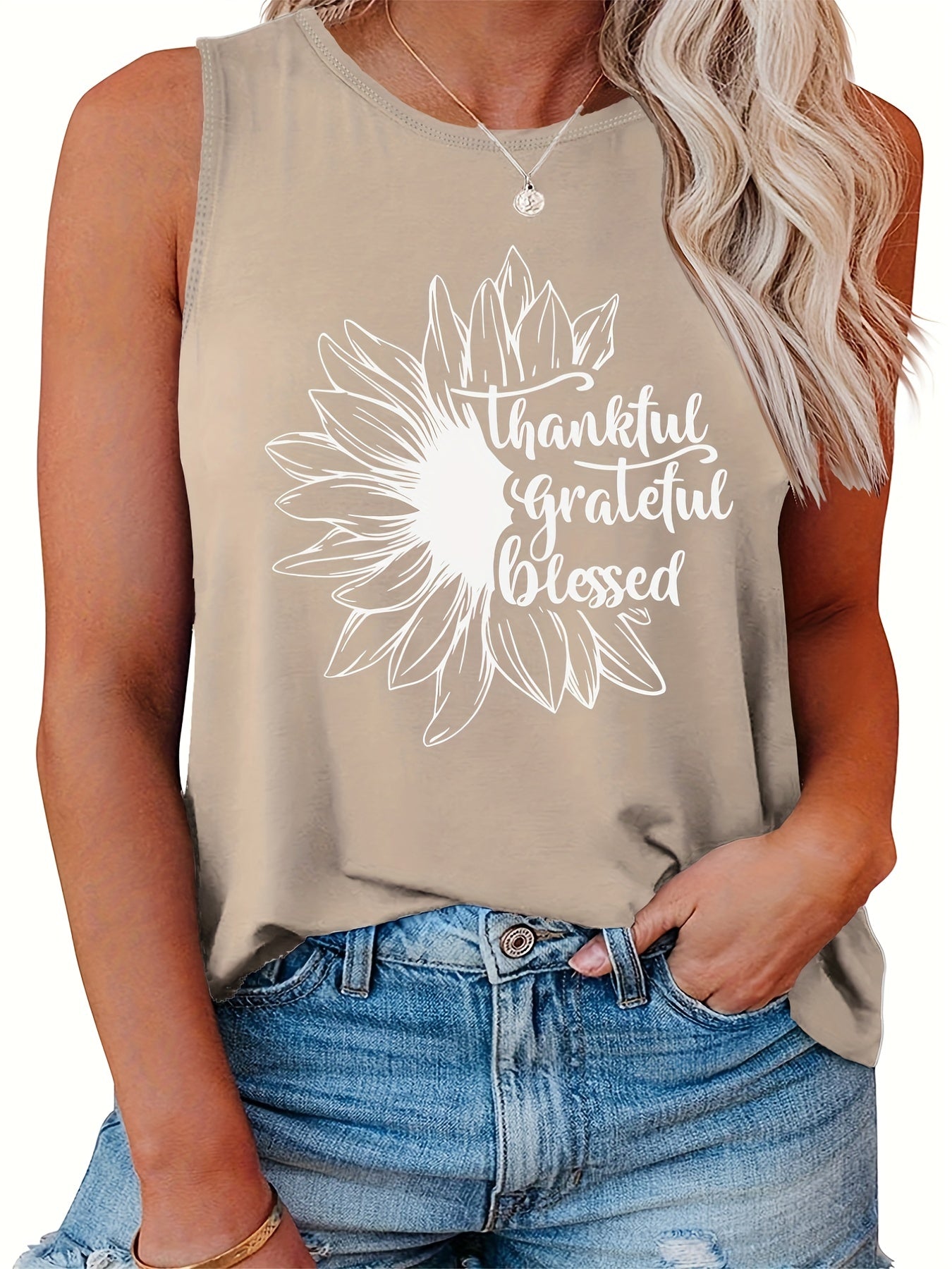  Casual Tank Top Women's Plus Slogan & Floral Print
