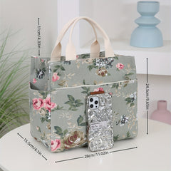 Vintage Floral & Letter Print Lunch Tote, Large Capacity