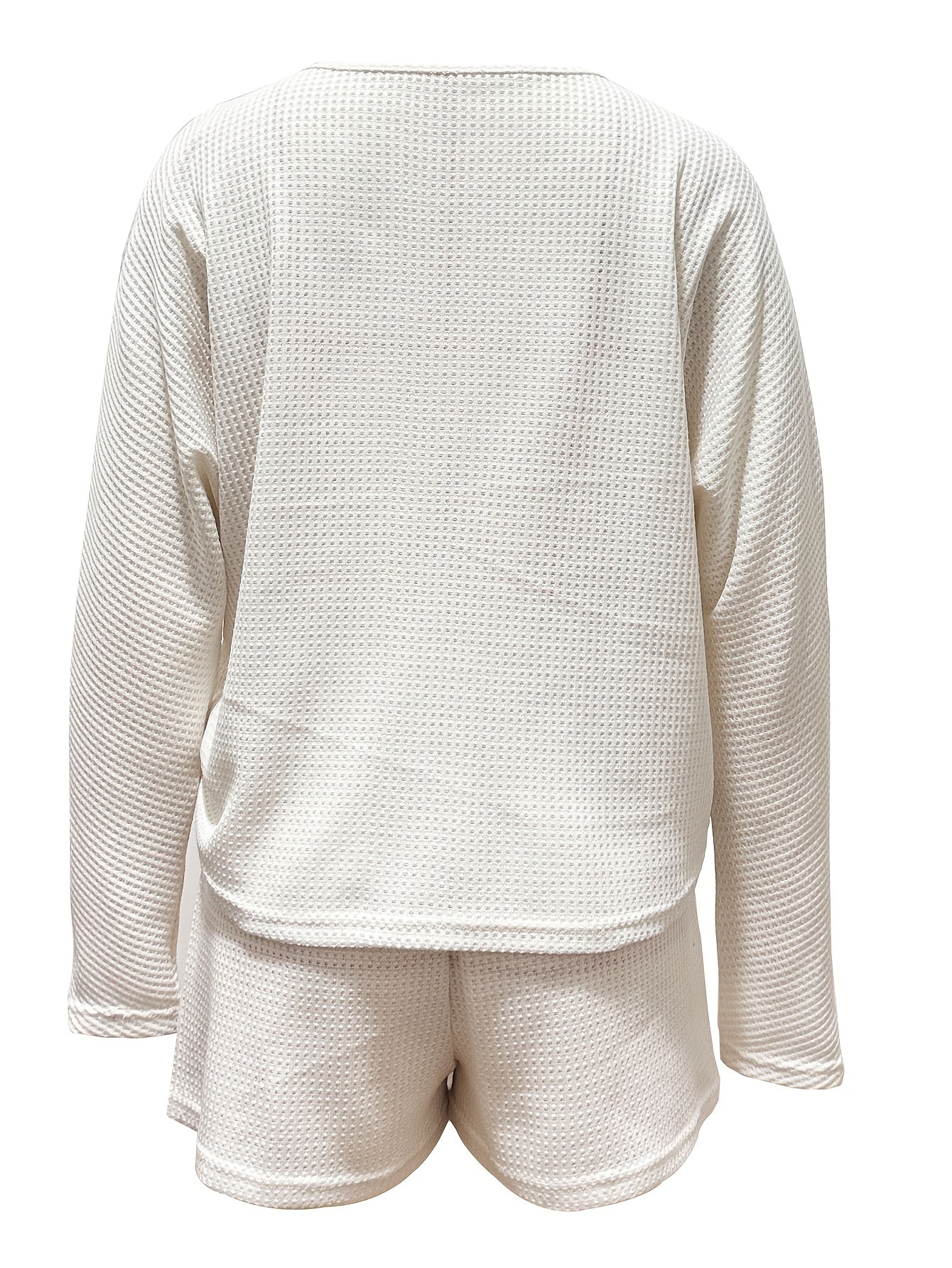 Waffle Solid Two piece Set V Neck Long Sleeve Tops & Drawstring Wide Leg Shorts