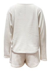 Waffle Solid Two piece Set V Neck Long Sleeve Tops & Drawstring Wide Leg Shorts