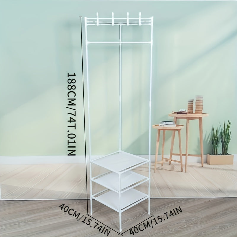 Sturdy Coat Rack with 2 Storage Layers and 4 Double Hooks