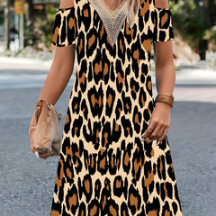 Leopard Print Lace V Neck Cold Shoulder Midi Dress