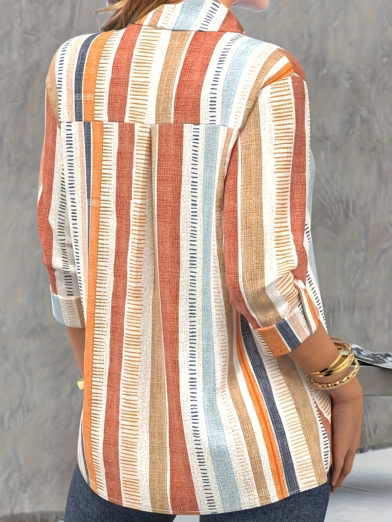  Stripe Print Button Up Blouse