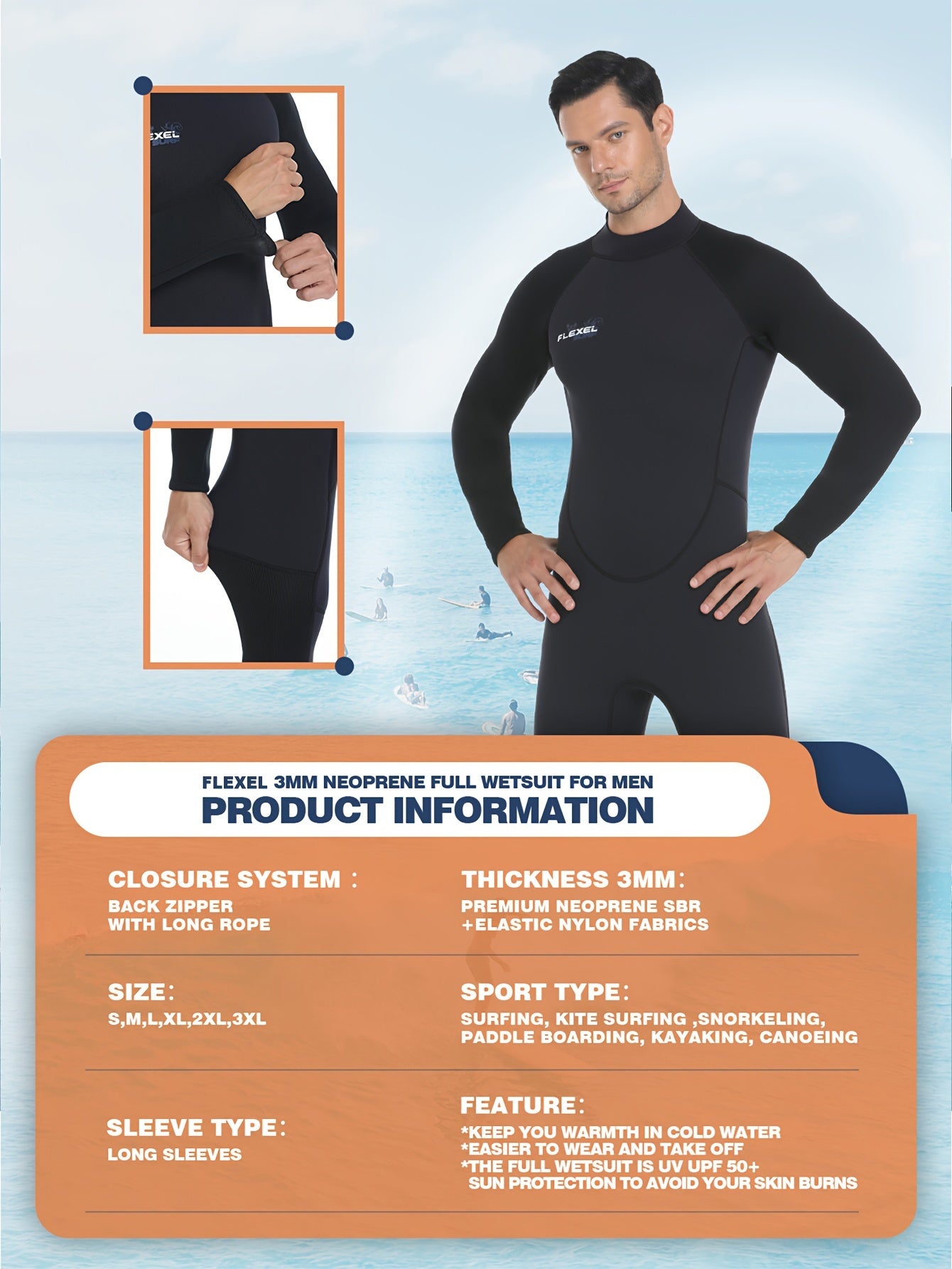 FLEXEL Men's 3mm Skinny Fit Long Sleeve Wetsuit Sun Protection