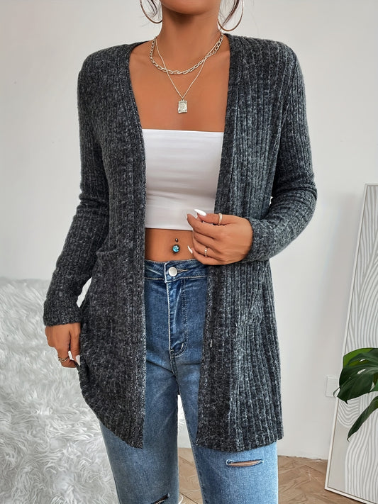  Solid Ribbed Long Sleeve Open Front Cardigan With Pockets