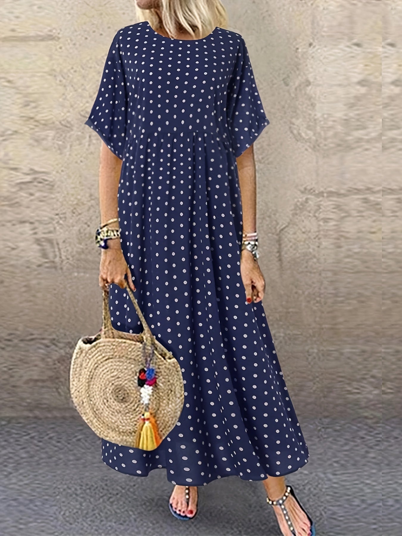  Polka Dot Print Short Sleeve Maxi Dress