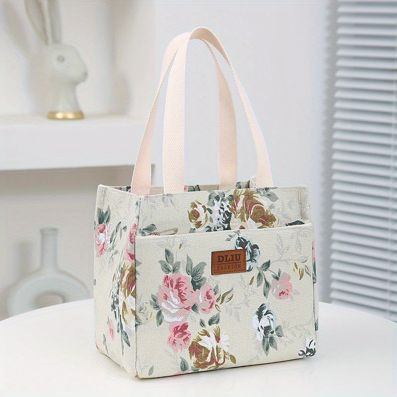 Large Capacity Floral Print Storage Bag with Insulation Zippered Pocket