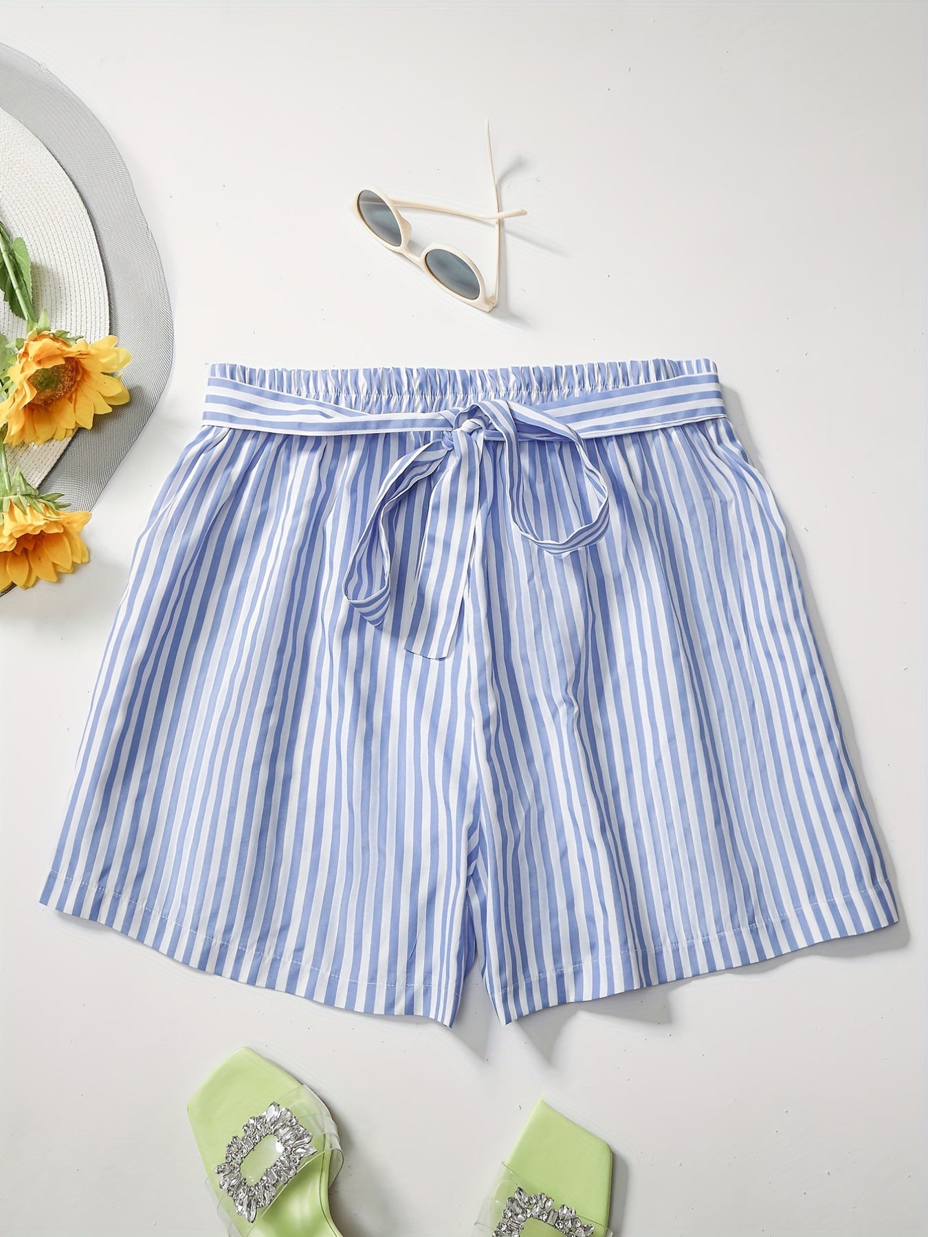  Casual Shorts Women's Plus Striped Print Elastic Belted Shorts