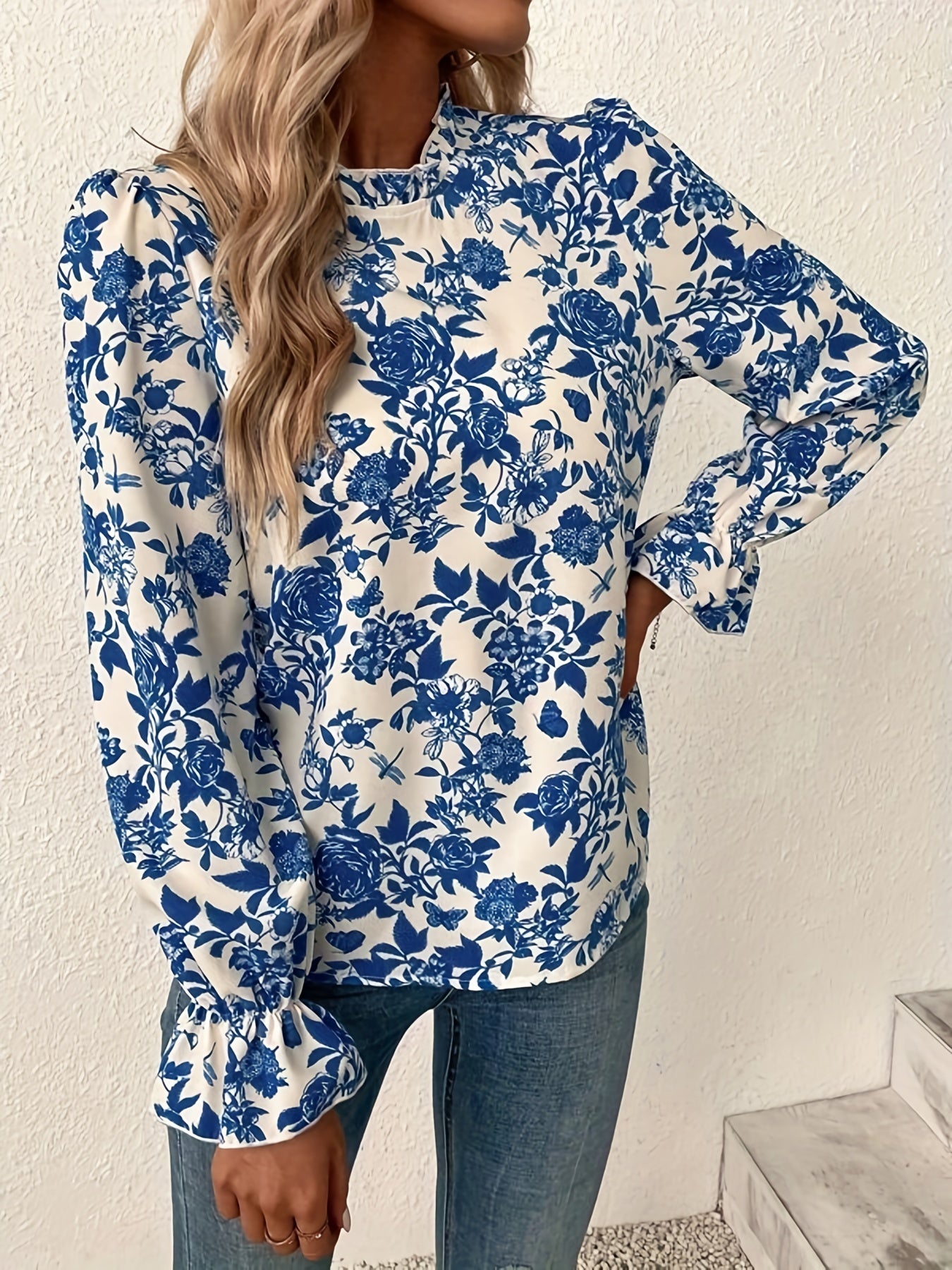  Floral Print Ruffle Sleeve Mock Neck Blouse