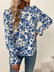  Floral Print Ruffle Sleeve Mock Neck Blouse