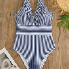  Nautical Stripe Ruffle V Neck One Piece Swimsuit