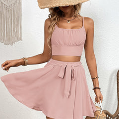 Solid Two Piece Skirt Set Crop Top & Tie Front Skirt Women's Outfit