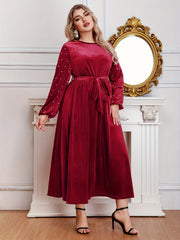  Velvet Maxi Dress with Lantern Sleeves and Belt
