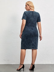  Denim Dress Women's Short Sleeve Round Neck Slim Fit Knee Length Dress