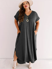  Solid Short Sleeve V Neck Maxi Dress