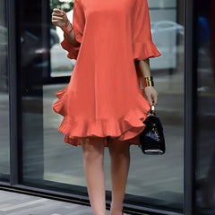  Casual Dress Solid Ruffle Trim Half Sleeve Loose Fit Mini Dress