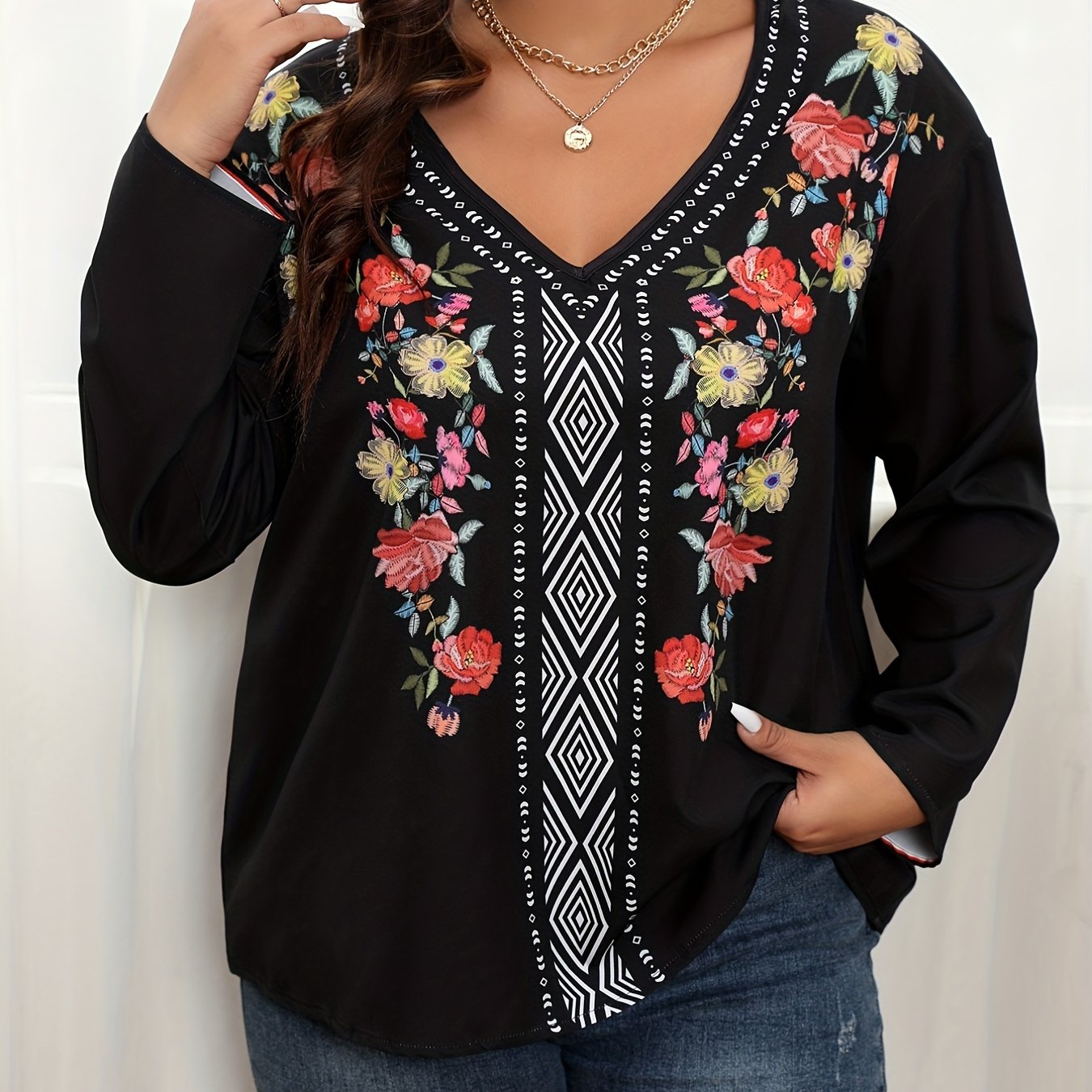 Boho Blouse Women's Plus Floral & Geometric Print V Neck Top