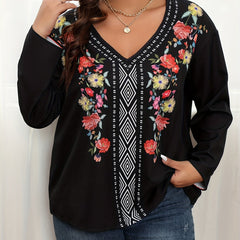  Boho Blouse Women's Plus Floral & Geometric Print V Neck Top