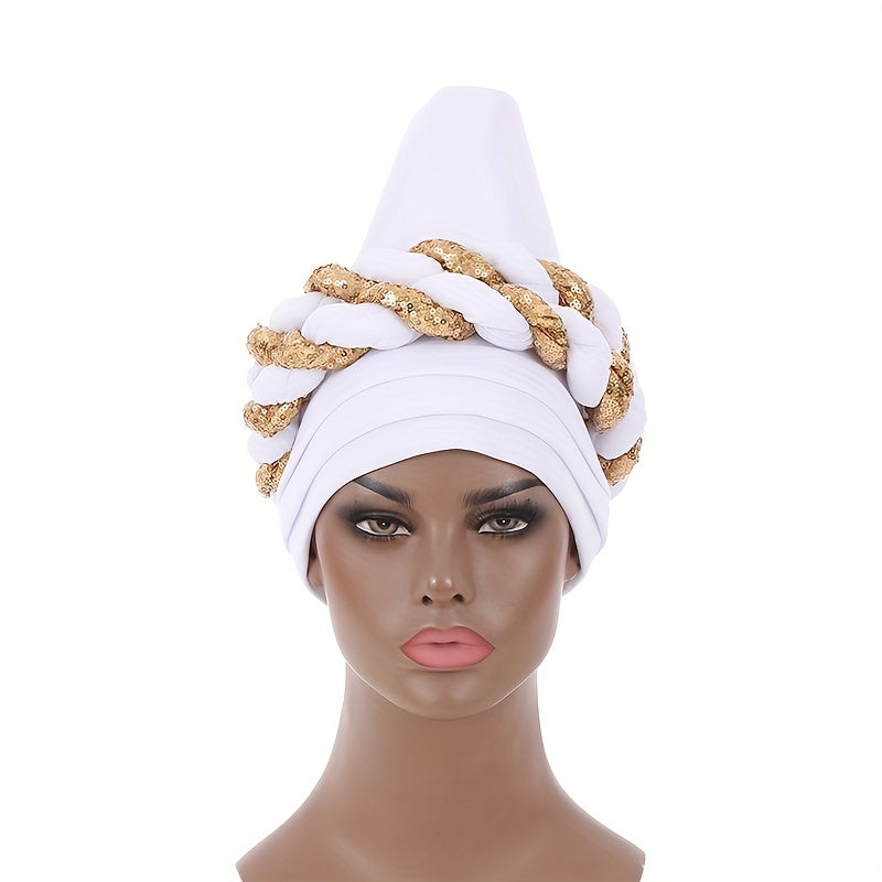 Sequin Twisted Braided Turban Elastic Head Wrap Pre tied Ramadan Hijab Women