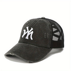 Embroidery Ponytail Trucker Hat Candy Ripped Washed Distressed Baseball Cap