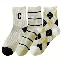 3 Pairs Letter Embroidery Mesh Socks Women's Mid Tube Stockings