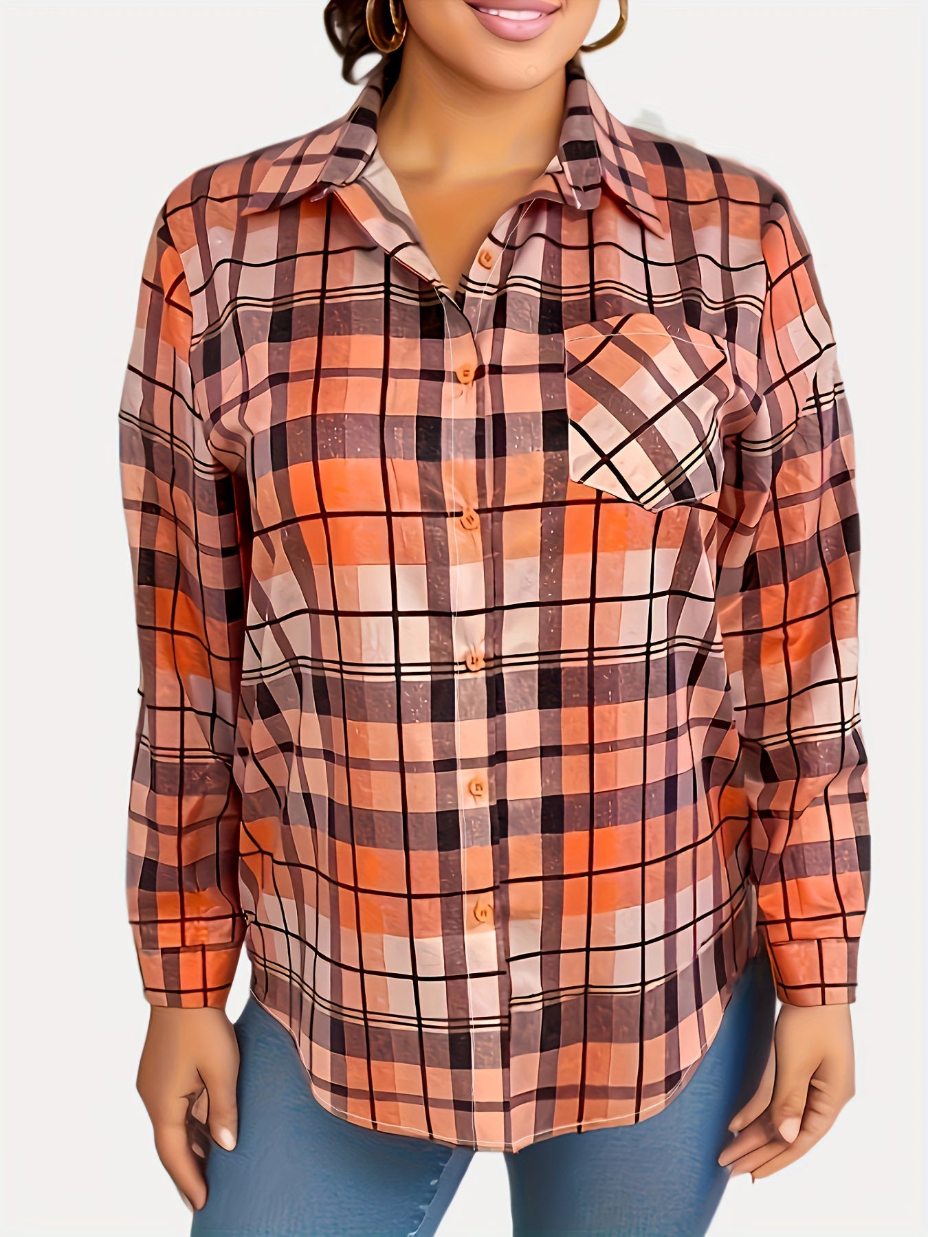  Plaid Print Long Sleeve Button Up Shirt Top
