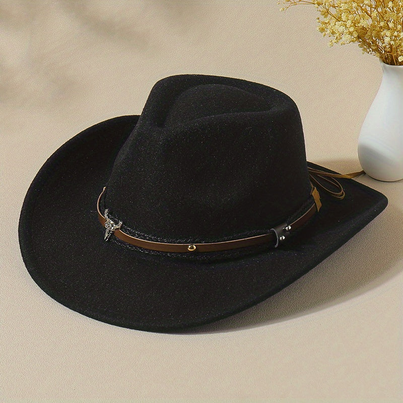 Vintage Jazz Fedora Cap Bull Head Cowboy Hat Solid Felt Casual Sun Hat