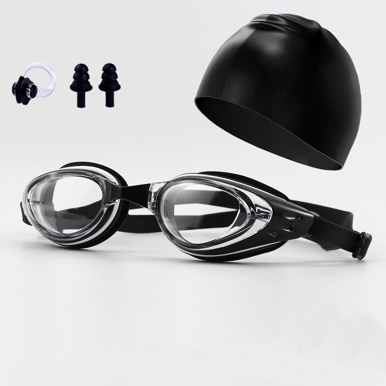 Electroplating Anti-fog HD Swimming Goggles Set with Cap, Nose Clip, Earplugs