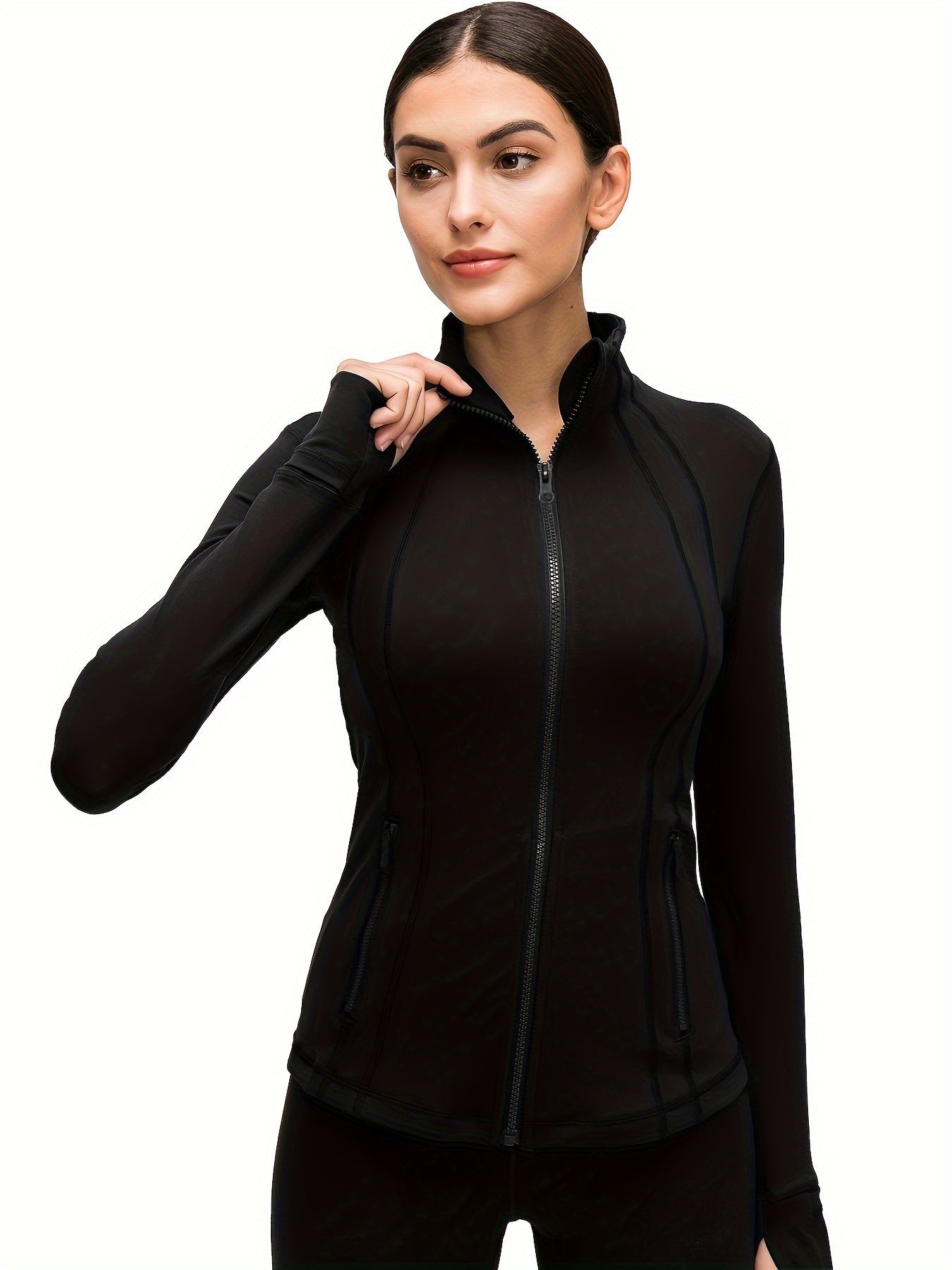 Sporty Long Sleeve Turtle Neck Workout Jacket with Zip Pockets
