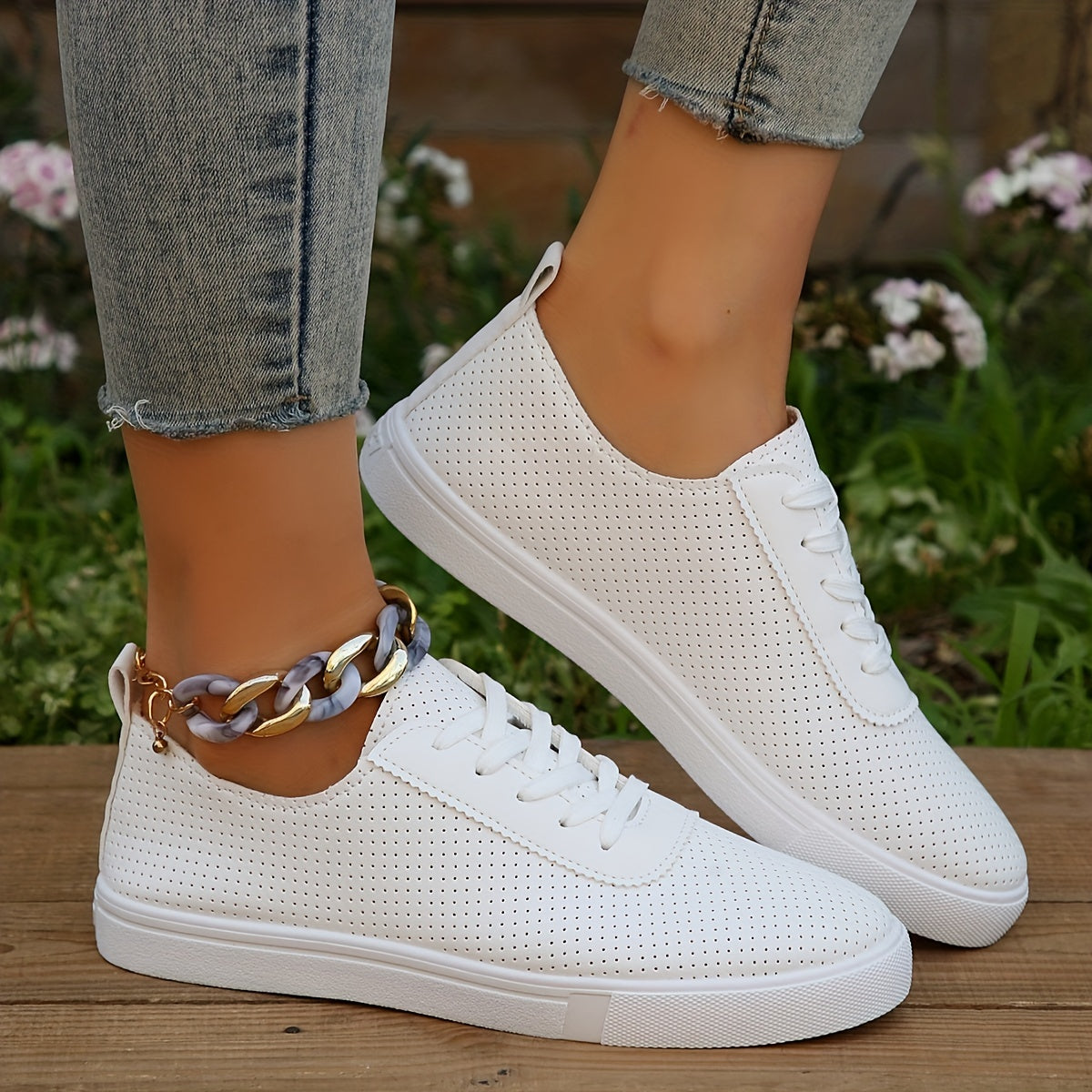 Women's Hollow Out Lace Up Sneakers Breathable Flat Skate Shoes