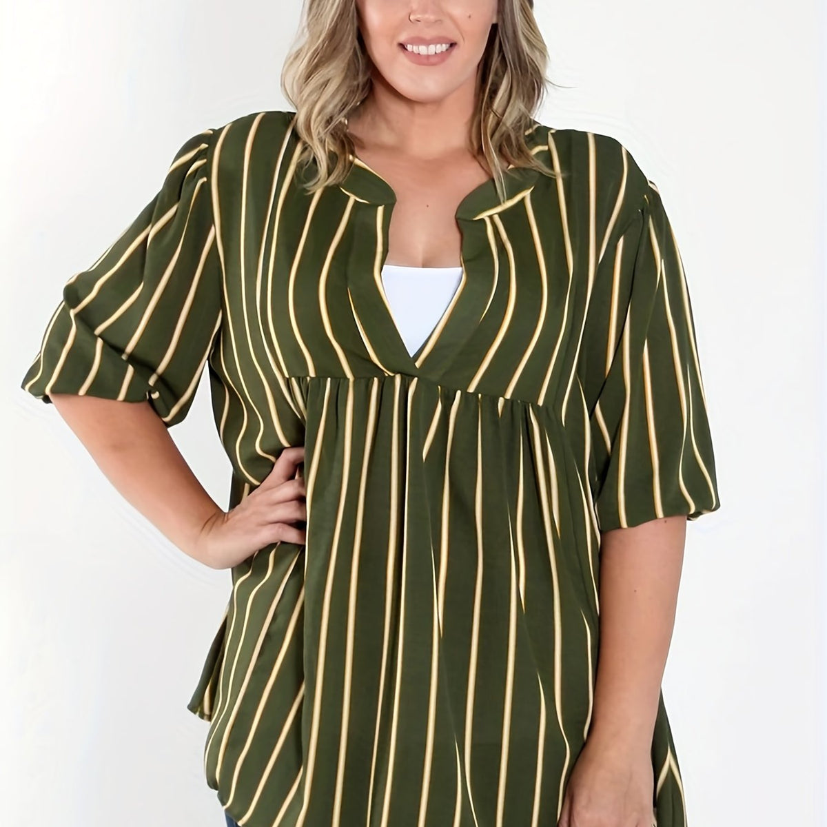  Stripe Print Short Sleeve Blouse