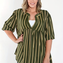  Stripe Print Short Sleeve Blouse