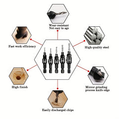 5pcs Woodworking Countersink Drill Bit Set for Pilot Holes 5-12 Size