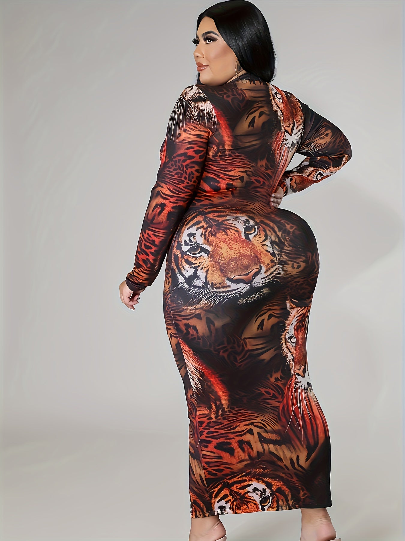  Lion Print Long Sleeve Mock Neck Bodycon Midi Dress