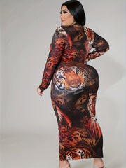  Lion Print Long Sleeve Mock Neck Bodycon Midi Dress