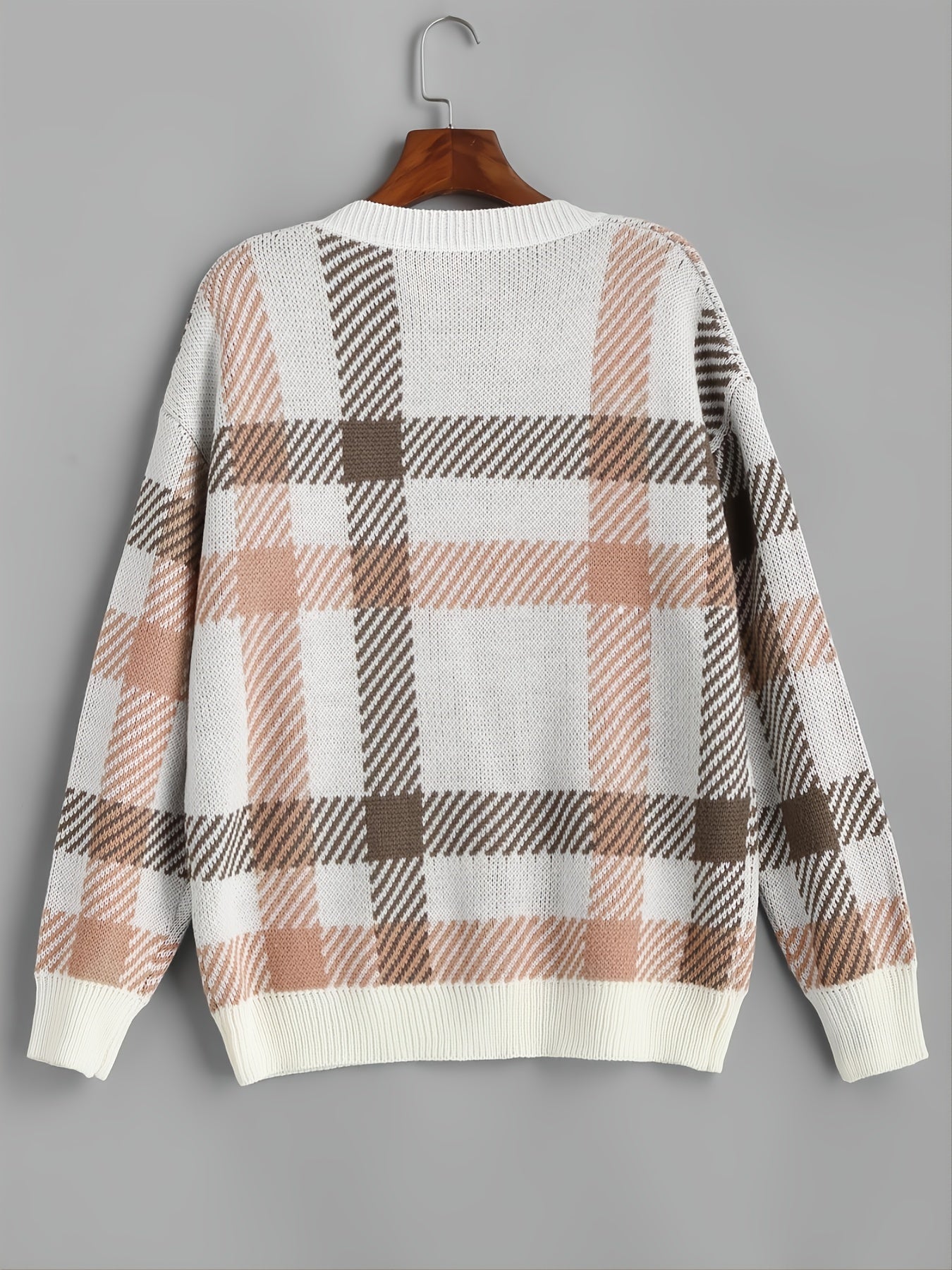  Gingham V Neck Sweater High Stretch Casual