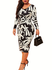  Fall Bodycon Dress Women's Plus Print Long Sleeve Bodycon Dress