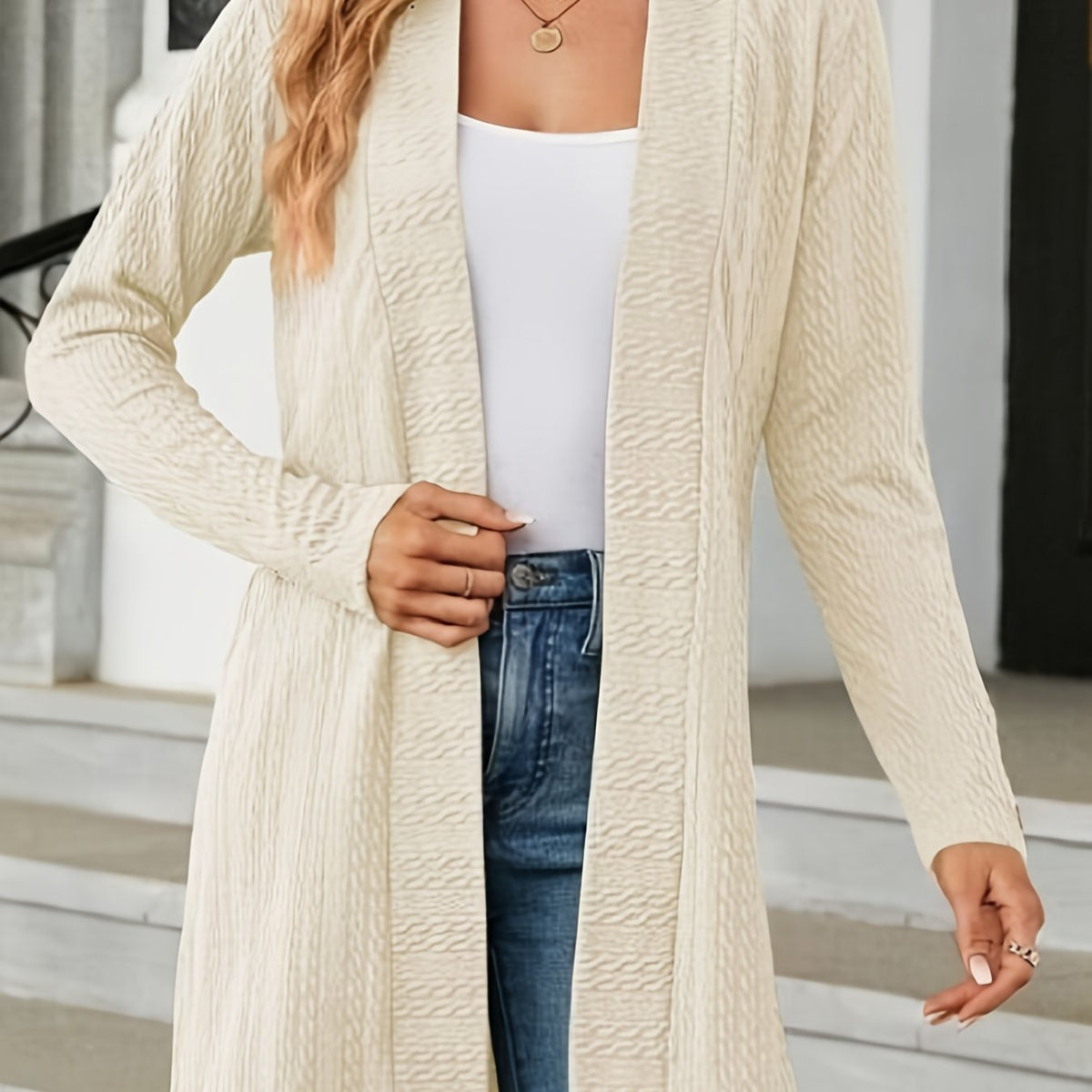  Women's Solid Cable Knit Open Front Cardigan