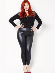  Solid Liner Fleece PU Leather High Rise Skinny Trousers