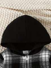 Boy's Plaid Block Hooded Shirt & Pants Set Spring Fall Outfit