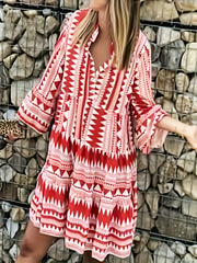  Geometric Print Button Up V Neck Loose Mini Dress