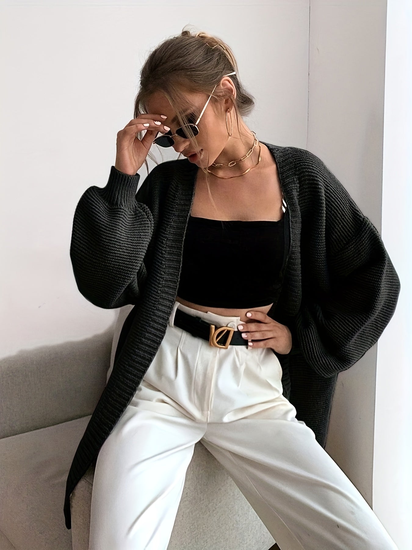  Casual Lantern Sleeve Cardigan Open Front