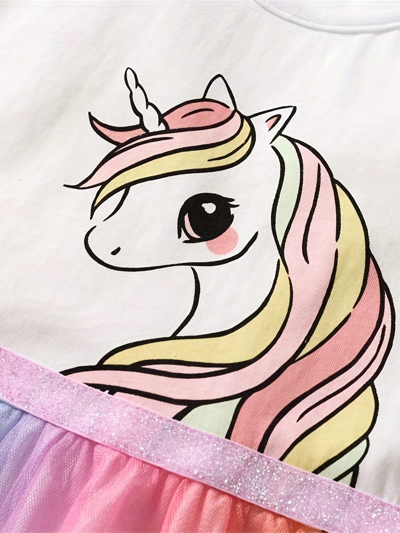 Girls Unicorn Mesh Princess Dress Short Sleeve Cotton TuTu Dress