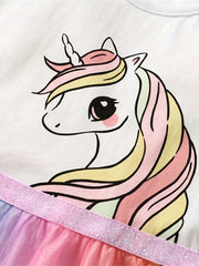 Girls Unicorn Mesh Princess Dress Short Sleeve Cotton TuTu Dress