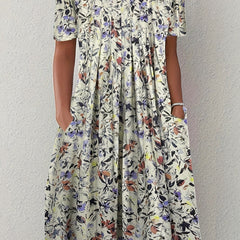 Floral Print Pleated Short Sleeve Dress
