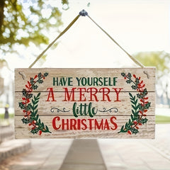 Merry Little Christmas Holly Wooden Plank Sign