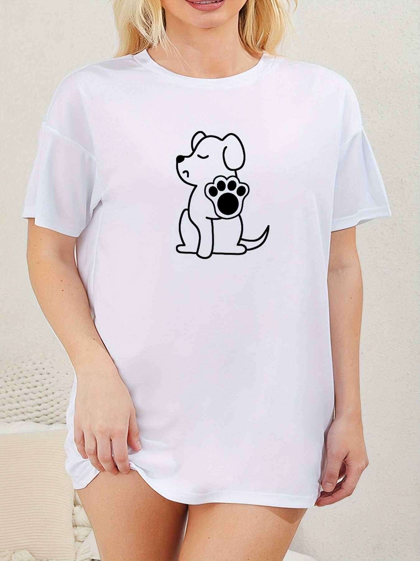  Dog Print Sleep Dress, Short Sleeve Nightdress