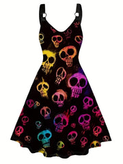  Halloween Goth Dress Colorblock Wing Print V Neck A Line Tank