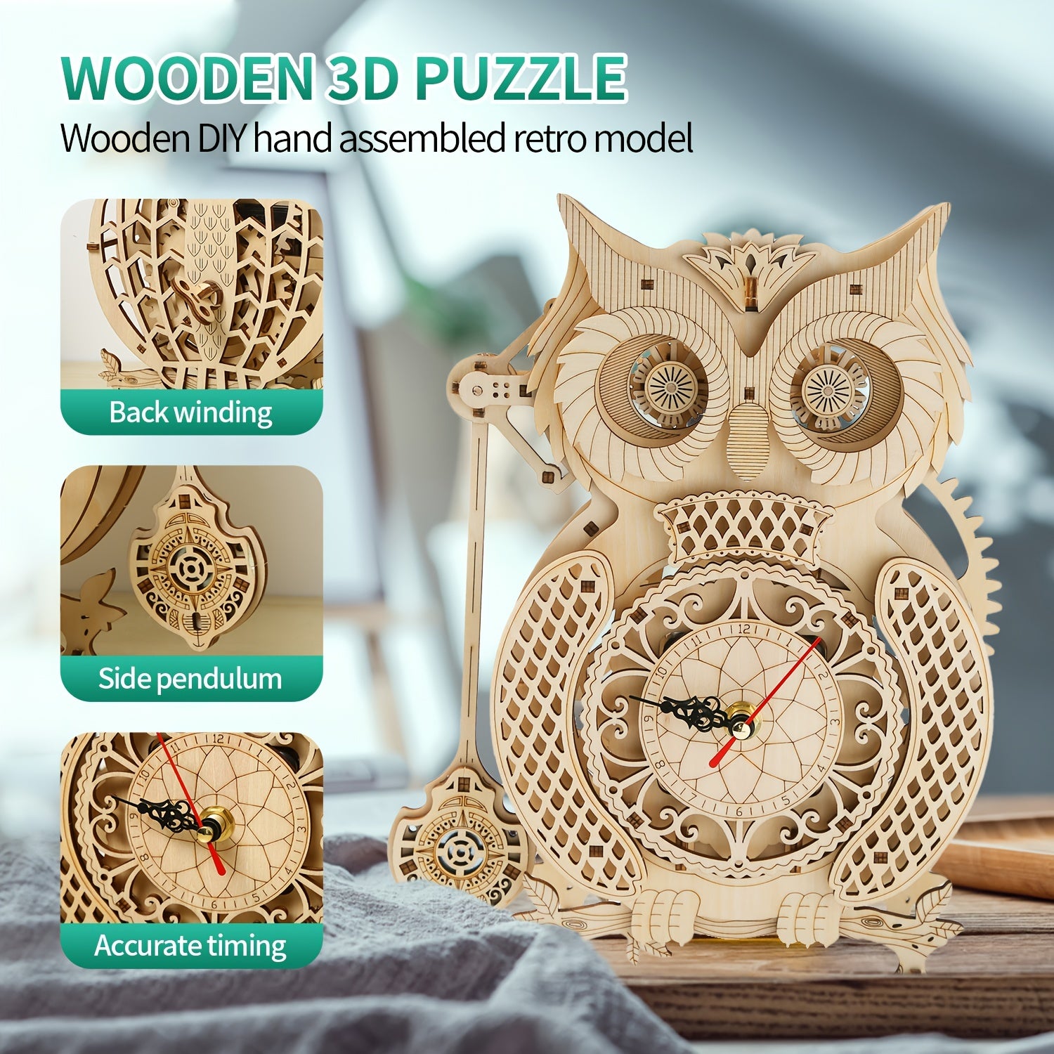 3D Wooden Puzzle DIY Owl Pendulum Clock Ferris Wheel Toy