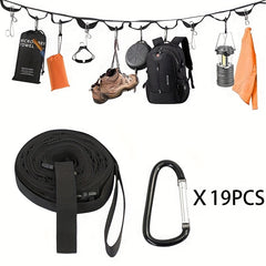 19 Hooks Carabiner Tent Lanyard Camping Clothesline & Storage Belt